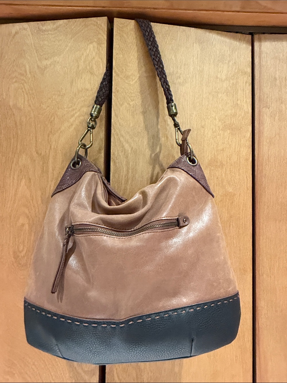 The Sak Tan & Dark Brown Hobo Shoulder Bag with Pattern Details Brass Hardware